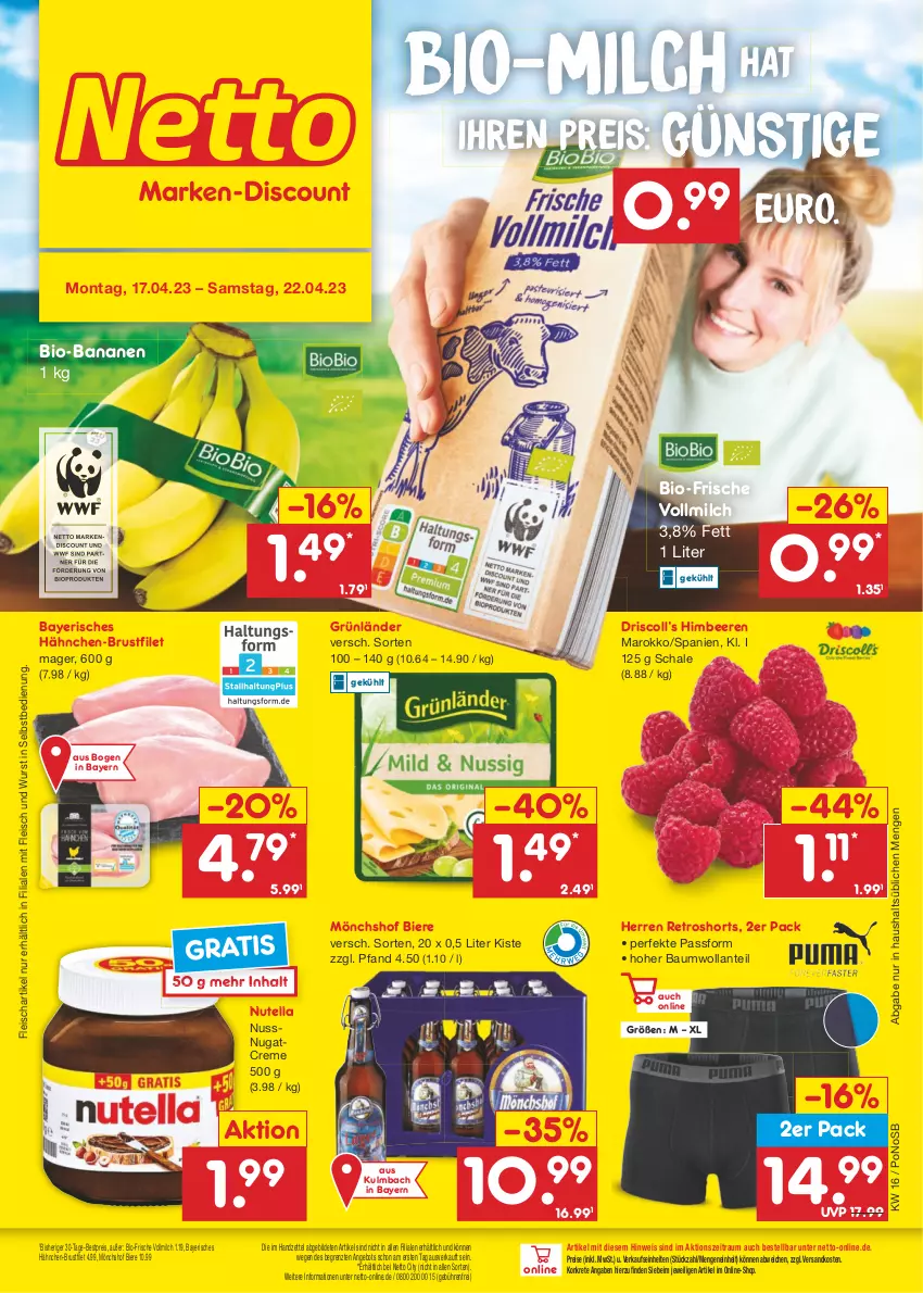 Aktueller Prospekt Netto Marken-Discount - Filial-Angebote - von 17.04 bis 22.04.2023 - strona 1 - produkty: angebot, banane, bananen, Bau, beere, beeren, bestpreis, bier, Biere, bio, bio-bananen, brustfilet, creme, discount, eis, filet, fleisch, grünländer, hähnchen-brustfilet, himbeer, himbeere, himbeeren, milch, mönchshof, ndk, nuss, nutella, reis, retroshorts, Schal, Schale, shorts, Ti, vollmilch, wurst, wurst in selbstbedienung, ZTE