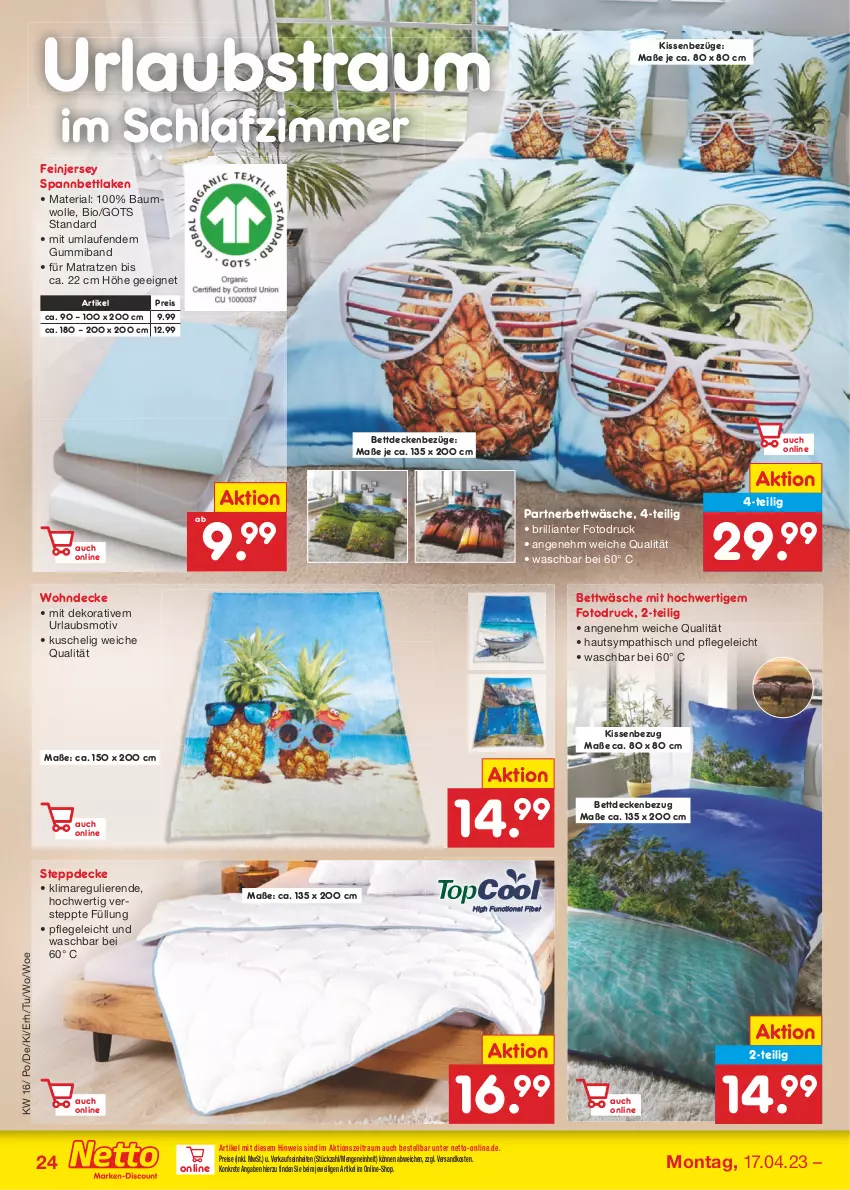 Aktueller Prospekt Netto Marken-Discount - Filial-Angebote - von 17.04 bis 22.04.2023 - strona 24 - produkty: Bau, baumwolle, bett, bettwäsche, bio, decke, eis, jersey spannbettlaken, kissen, Kissenbezug, Laufen, matratze, matratzen, ndk, reis, Ria, schlafzimmer, spannbettlaken, Steppdecke, Ti, wolle