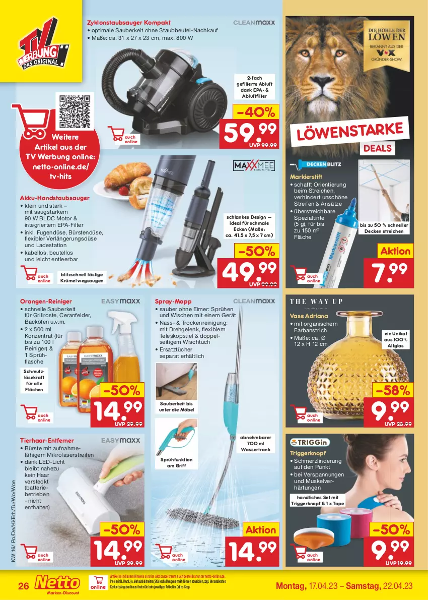 Aktueller Prospekt Netto Marken-Discount - Filial-Angebote - von 17.04 bis 22.04.2023 - strona 26 - produkty: akku, akku-handstaubsauger, batterie, beutel, bürste, bürsten, decke, eimer, eis, elle, flasche, grill, grillrost, handstaubsauger, kraft, led-licht, mikrofaser, möbel, ndk, orange, orangen, reifen, reiniger, Reinigung, reis, Ria, Spezi, sprühflasche, staubbeutel, staubsauger, Teleskop, teleskopstiel, Ti, tuc, tücher, Vase, wasser