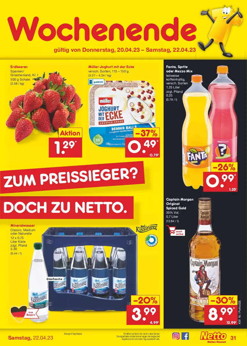 Aktueller Prospekt Netto Marken-Discount - Filial-Angebote - von 17.04 bis 22.04.2023 - strona 31 - produkty: Alwa, angebot, beere, beeren, bestpreis, Cap, captain morgan, eis, elle, erdbeere, erdbeeren, fanta, flasche, gin, glasflasche, joghur, joghurt, joghurt mit der ecke, Mezzo Mix, mineralwasser, Mineralwasser Classic, Müller, natur, original spiced gold, reis, rel, Schal, Schale, sprite, Ti, wasser, ZTE