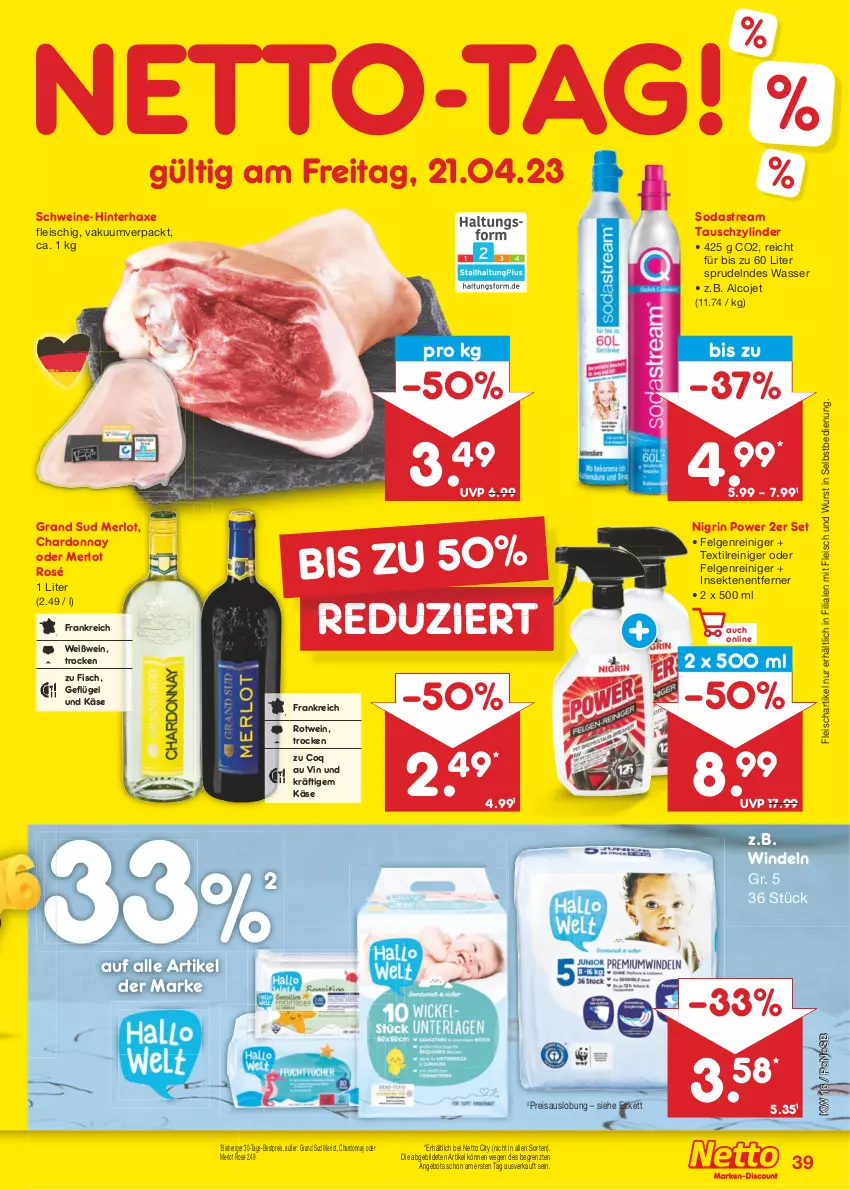 Aktueller Prospekt Netto Marken-Discount - Filial-Angebote - von 17.04 bis 22.04.2023 - strona 39 - produkty: angebot, axe, bestpreis, chardonnay, eis, felgen, Felgenreiniger, fisch, fleisch, Geflügel, grand sud, Haxe, Käse, LG, merl, merlot, Nigrin, reiniger, reis, rotwein, schwein, schweine, sekt, Soda, sodastream, Sprudel, Ti, wasser, wein, weine, Weißwein, windeln, wurst, wurst in selbstbedienung, ZTE