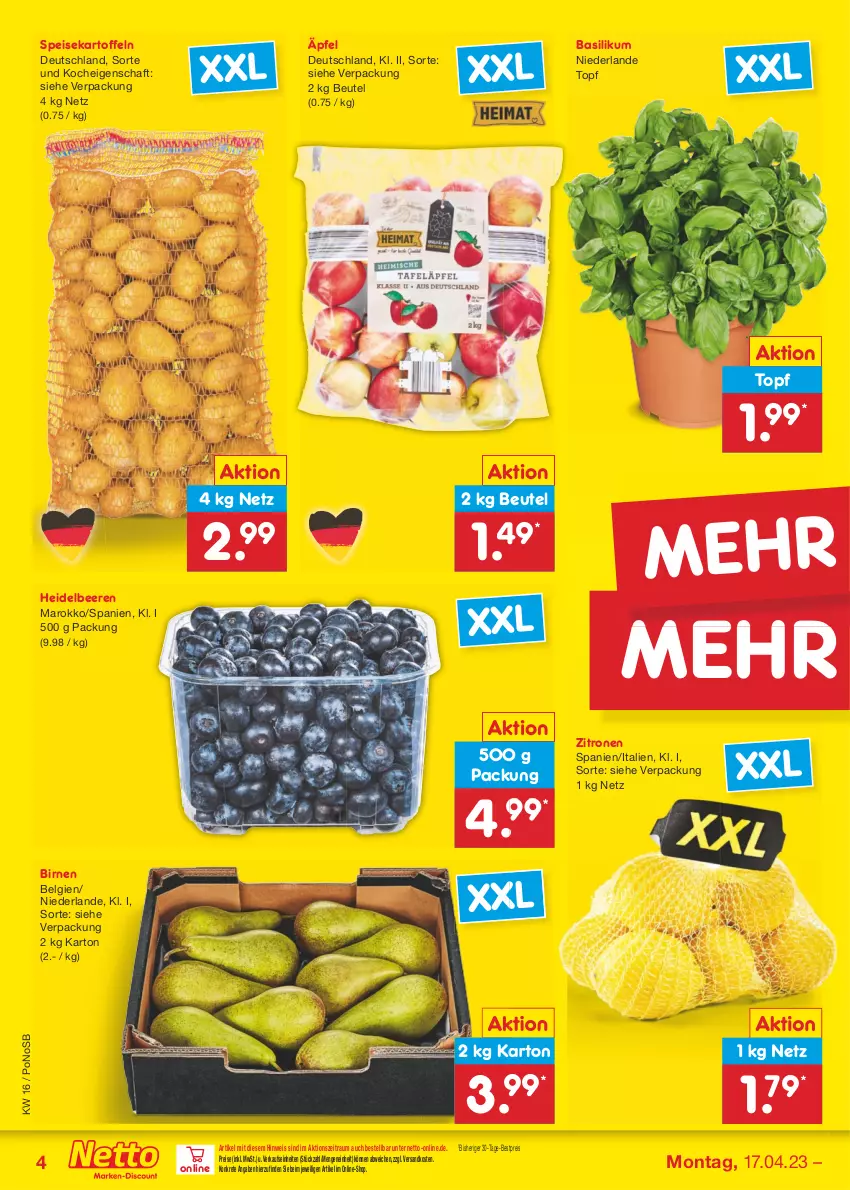 Aktueller Prospekt Netto Marken-Discount - Filial-Angebote - von 17.04 bis 22.04.2023 - strona 4 - produkty: basilikum, beere, beeren, bestpreis, beutel, Birnen, eis, heidelbeere, heidelbeeren, kartoffel, kartoffeln, LG, ndk, reis, speisekartoffeln, Ti, topf, zitrone, zitronen