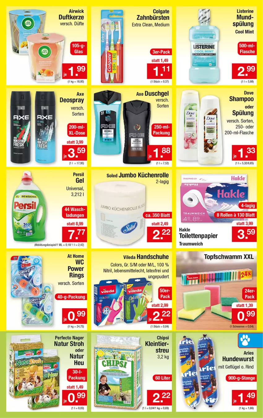 Aktueller Prospekt Zimmermann - Prospekte - von 09.10.2021 bis 14.10.2023 - strona 3 - produkty: airwick, axe, axe duschgel, bürste, bürsten, chips, colgate, deo, deospray, dove, Duftkerze, duschgel, eis, flasche, Geflügel, hakle, hakle toilettenpapier, handschuhe, Heu, Hundewurst, jumbo, kerze, küche, Küchen, küchenrolle, lebensmittel, LG, listerine, mint, natur, papier, persil, rind, ring, schuhe, schwamm, shampoo, spülung, Ti, toilettenpapier, topf, Topfschwamm, vileda, WICK, wurst, zahnbürste, zahnbürsten