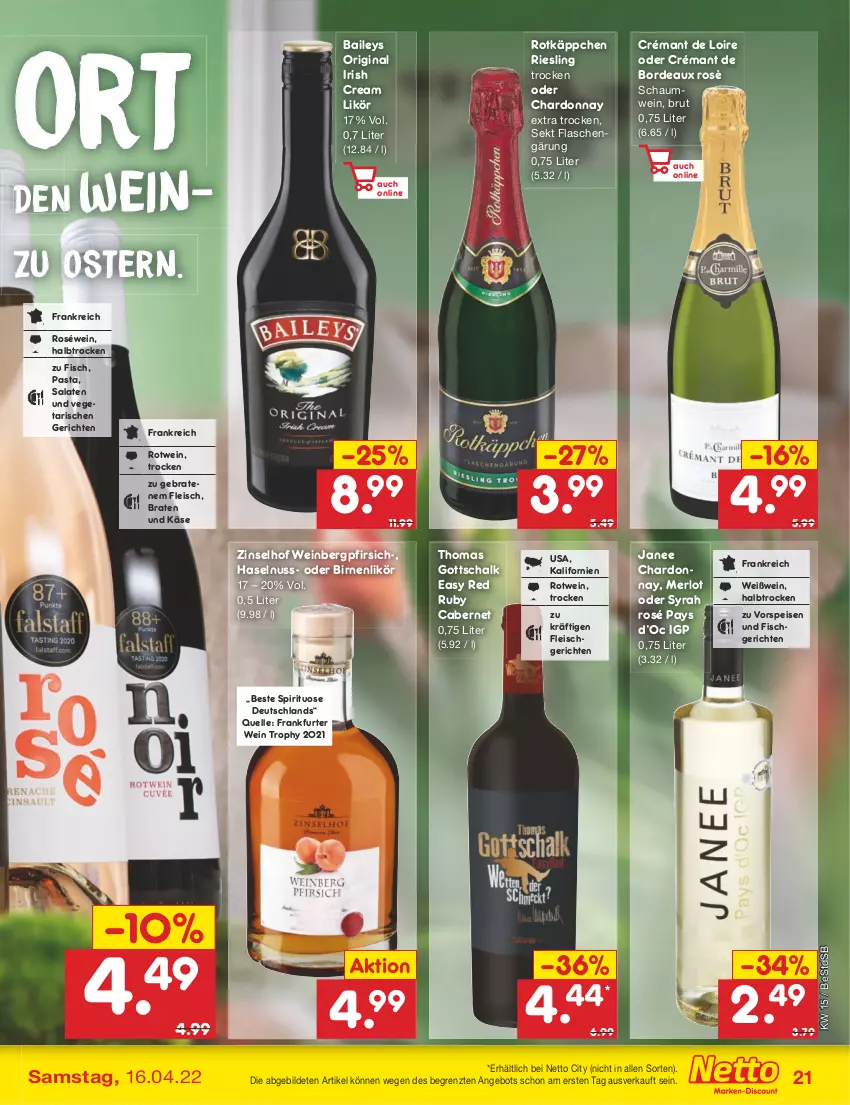 Aktueller Prospekt Netto Marken-Discount - Filial-Angebote - von 11.04 bis 16.04.2022 - strona 21 - produkty: angebot, baileys, Birnen, braten, brut, cabernet, chardonnay, crémant de loire, eis, elle, fisch, flasche, fleisch, frankfurter, gin, haselnuss, irish cream, Käse, likör, merl, merlot, nuss, pasta, pfirsich, riesling, roséwein, rotkäppchen, rotwein, salat, salate, Schal, sekt, Ti, Vegeta, vorspeise, wein, Weißwein, ZTE