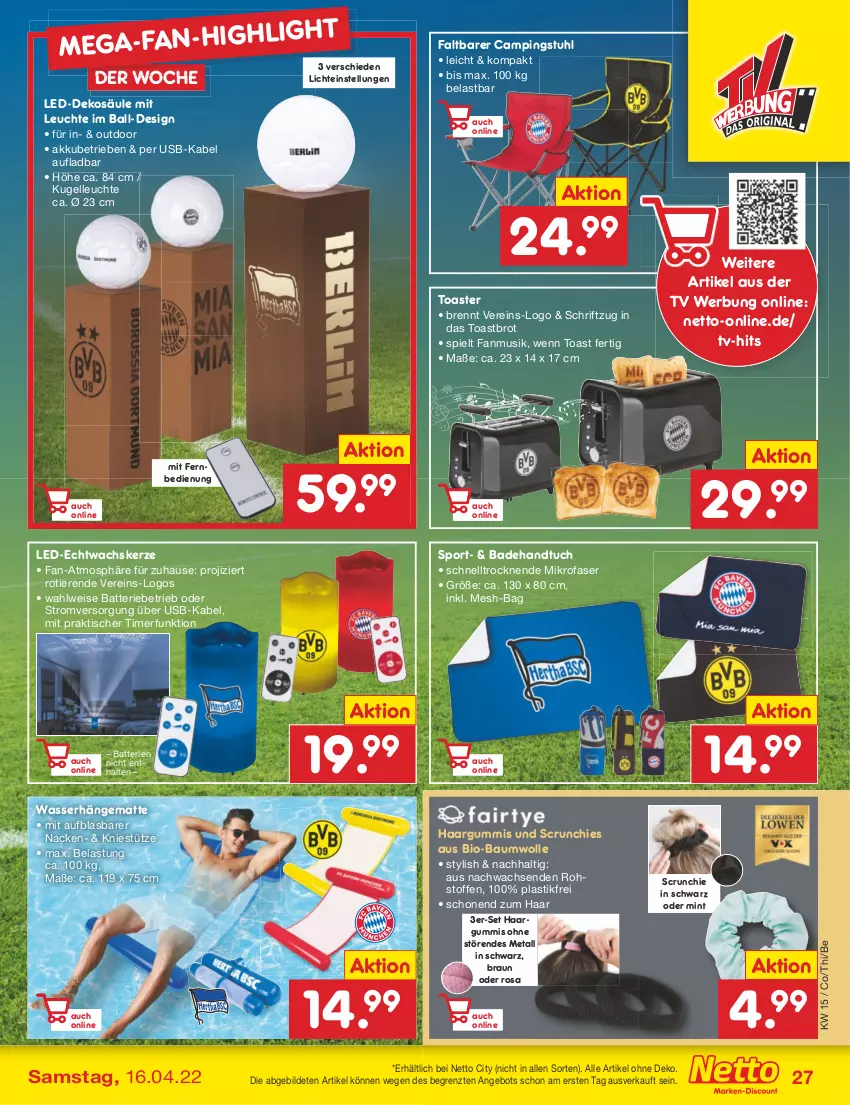 Aktueller Prospekt Netto Marken-Discount - Filial-Angebote - von 11.04 bis 16.04.2022 - strona 27 - produkty: akku, angebot, asti, Bad, Badehandtuch, ball, batterie, batterien, Bau, baumwolle, bio, bio-baumwolle, braun, brot, campingstuhl, eis, elle, fernbedienung, handtuch, hängematte, kerze, Kugel, Leuchte, mikrofaser, mint, mit fernbedienung, Schriftzug, Sport, stuhl, Ti, Tiere, timer, tisch, toast, Toastbrot, toaster, tuc, usb, wasser, Wasserhängematte, wolle, ZTE