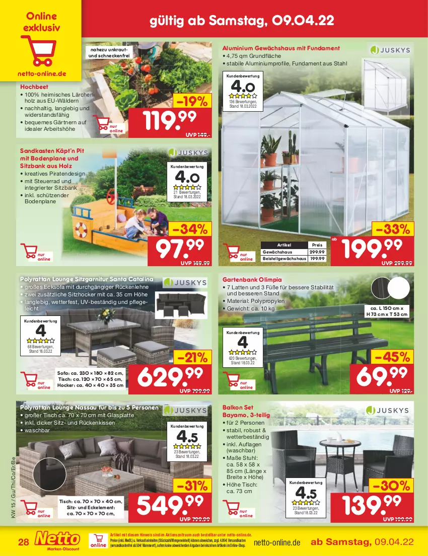 Aktueller Prospekt Netto Marken-Discount - Filial-Angebote - von 11.04 bis 16.04.2022 - strona 28 - produkty: Bank, Brei, eis, garnitur, Garten, gartenbank, Gewächshaus, glasplatte, hocker, Holz, kissen, Kraut, latte, LG, ndk, reis, Ria, Rückenkissen, rückenlehne, Sandkasten, Schütze, sitzbank, Sofa, stuhl, Ti, tisch, versandkostenfrei