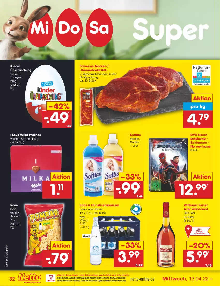 Aktueller Prospekt Netto Marken-Discount - Filial-Angebote - von 11.04 bis 16.04.2022 - strona 32 - produkty: Alwa, dvd, eis, flasche, glasflasche, Kinder, marinade, milka, mineralwasser, ndk, reis, sac, schwein, schweine, Softlan, steak, steaks, Ti, versandkostenfrei, wasser, wein, weinbrand, weine, Weste, wilthener