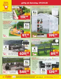 Gazetka promocyjna Netto Marken-Discount - Filial-Angebote - Gazetka - ważna od 16.04 do 16.04.2022 - strona 28 - produkty: Bank, Brei, eis, garnitur, Garten, gartenbank, Gewächshaus, glasplatte, hocker, Holz, kissen, Kraut, latte, LG, ndk, reis, Ria, Rückenkissen, rückenlehne, Sandkasten, Schütze, sitzbank, Sofa, stuhl, Ti, tisch, versandkostenfrei