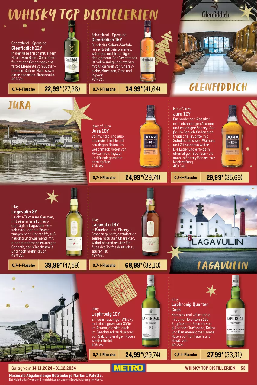 Aktueller Prospekt Metro - Erlesene Tropfen Spezial - von 14.11 bis 31.12.2024 - strona 53 - produkty: ananas, banane, bananen, BenRiach, Birnen, bourbon, butter, cocktail, Datteln, eier, elle, ente, erde, Finish, flasche, frucht, früchte, früchten, getränk, getränke, gewürz, gin, honig, ingwer, Jura, kaffee, kokos, Lakritz, laphroaig, LG, mac, malz, mandel, mandeln, mango, marzipan, Mode, Nektar, nektarinen, Nuance, nuss, orange, orangen, Palette, pfirsich, pfirsiche, Portwein, Rauch, Ria, rohrzucker, rwe, sahne, salz, Schal, Schale, schoko, schokolade, schott, single malt, Ti, tisch, usb, vanille, walnuss, wein, whisky, zucker