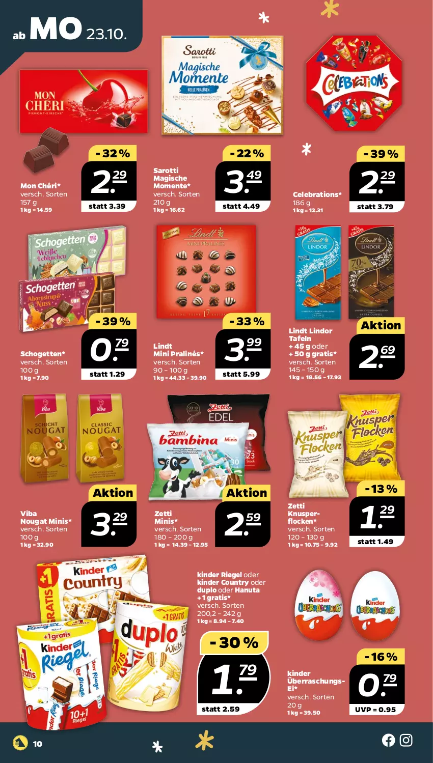 Aktueller Prospekt Netto - Woche 43 - von 23.10 bis 28.10.2023 - strona 10 - produkty: duplo, ente, hanuta, Kinder, kinder country, kinder riegel, Knusperflocken, lindor, lindt, mini pralinés, Mon Chéri, riegel, saro, sarotti, schogetten, Ti