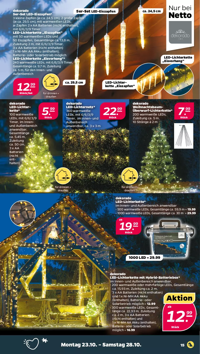 Aktueller Prospekt Netto - Woche 43 - von 23.10 bis 28.10.2023 - strona 15 - produkty: akku, batterie, batterien, Bau, eis, Kette, led-licht, leds, leine, lichterkette, Ti, timer, Weihnachtsbaum