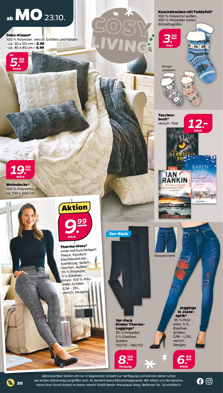 Aktueller Prospekt Netto - Woche 43 - von 23.10 bis 28.10.2023 - strona 20 - produkty: asti, auer, buch, decke, gin, hose, jeans, Kinder, kissen, Kuschelsocken, leggings, Ria, socken, Tasche, taschen, Taschenbuch, Thermoleggings, Ti, ZTE