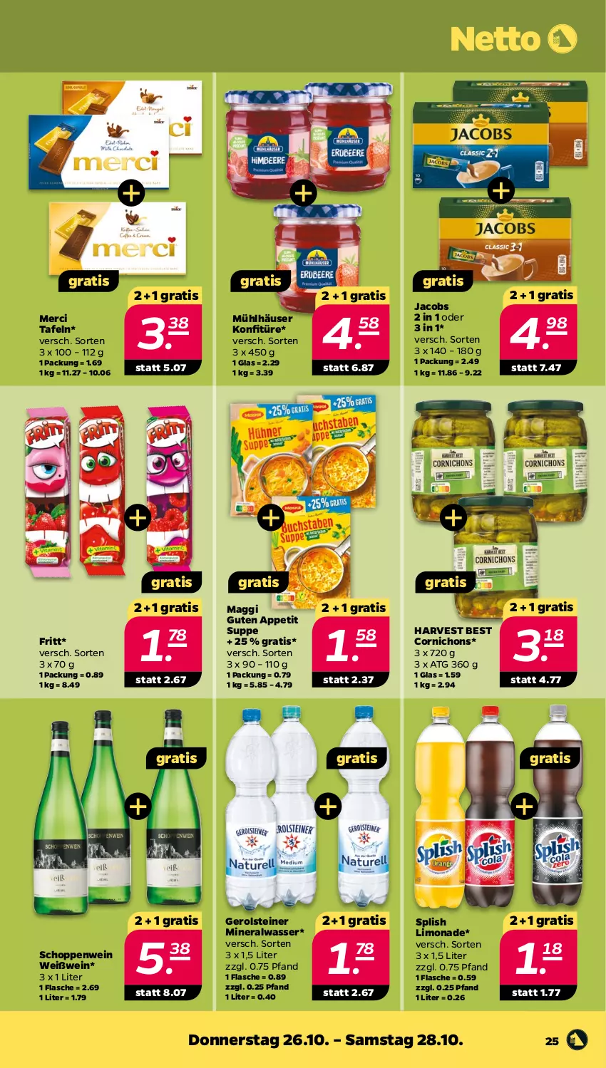 Aktueller Prospekt Netto - Woche 43 - von 23.10 bis 28.10.2023 - strona 25 - produkty: Alwa, flasche, gerolsteine, gerolsteiner, jacobs, konfitüre, limo, limonade, maggi, merci, mineralwasser, mühlhäuser, steiner, suppe, Ti, wasser, wein, Weißwein