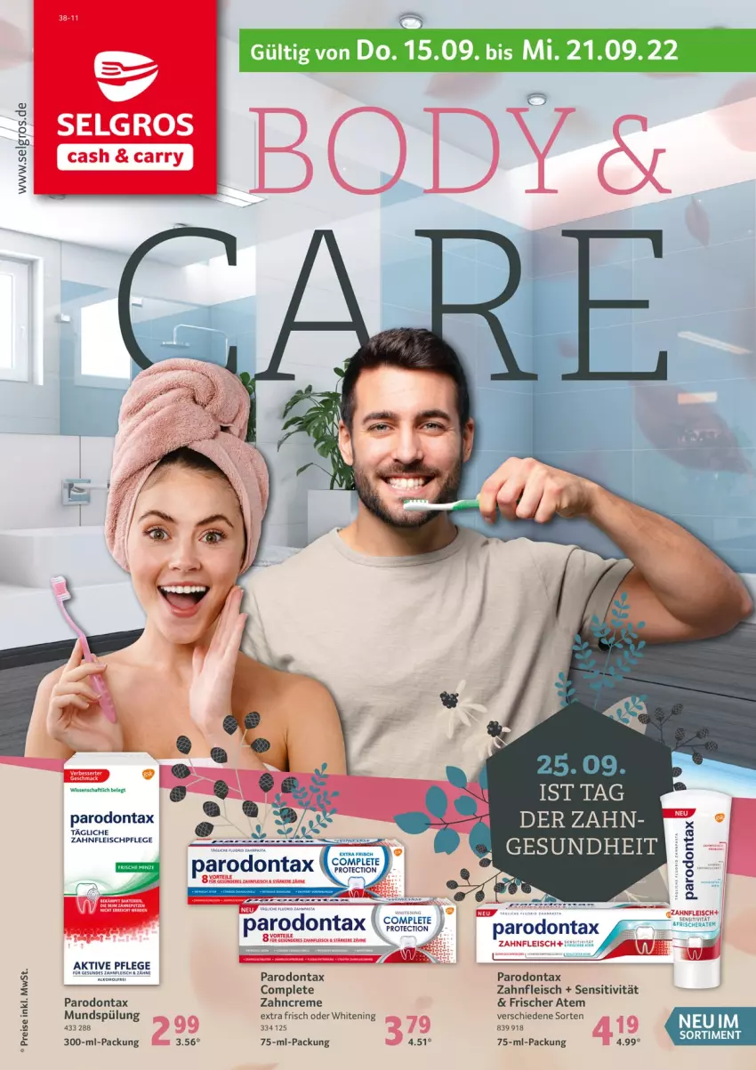 Aktueller Prospekt Selgros - Bodycare - von 15.09 bis 22.09.2022 - strona 1 - produkty: creme, eis, fleisch, Gesundheit, HP, LG, mundspülung, Parodontax, reis, spülung, Ti, zahncreme