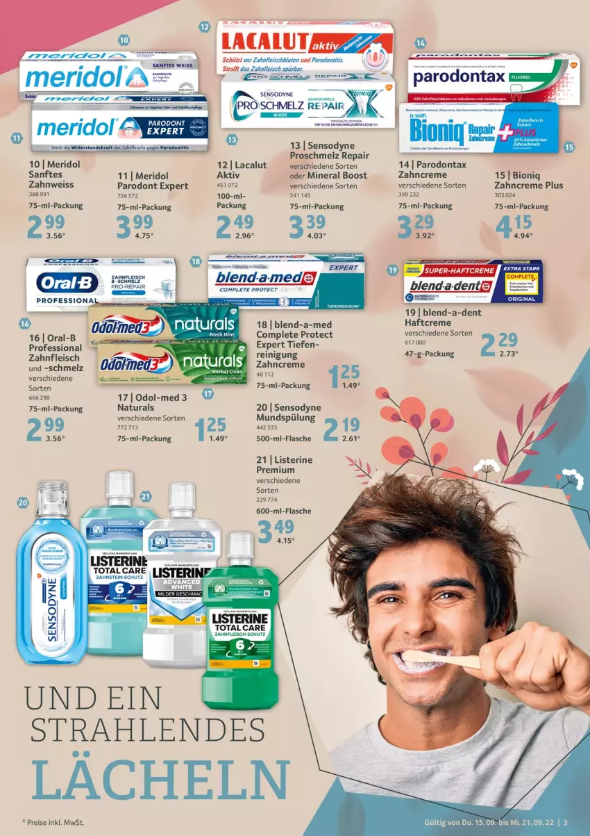 Aktueller Prospekt Selgros - Bodycare - von 15.09 bis 22.09.2022 - strona 3 - produkty: bio, blend-a-med, creme, eis, flasche, fleisch, Haftcreme, kraft, Lacalut, listerine, mac, meridol, mint, minze, mundspülung, natur, natura, Odol, Odol-med 3, oral-b, Parodontax, pro-repair, Reinigung, reis, sensodyne, spülung, Ti, total care, zahncreme