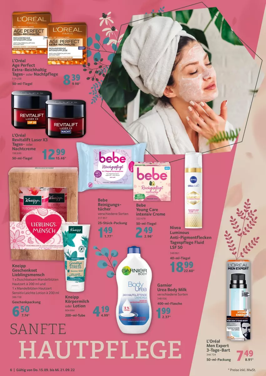 Aktueller Prospekt Selgros - Bodycare - von 15.09 bis 22.09.2022 - strona 6 - produkty: balsam, Bebe, Blüte, body, body milk, creme, eis, flasche, garnier, geschenkset, kneipp, Lotion, mandel, milch, nachtcreme, nachtpflege, nivea, Reinigung, reis, Revital, revitalift, Tagespflege, Ti, tücher, vita, Yo