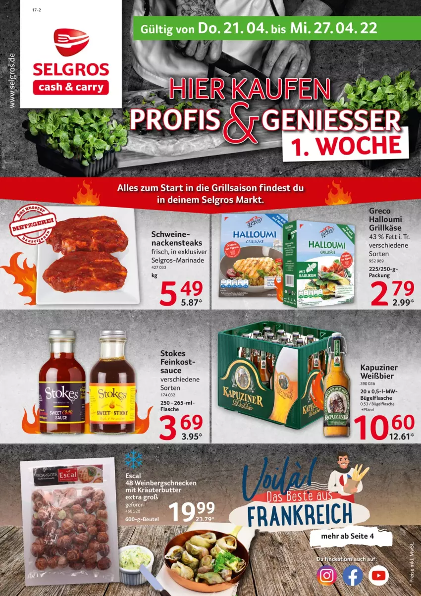 Aktueller Prospekt Selgros - Food - von 21.04 bis 27.04.2022 - strona 1 - produkty: bier, bügel, bügelflasche, butter, escal, feinkost, flasche, grill, Grillkäse, Halloumi, Käse, kräuter, kräuterbutter, LG, marinade, Nackensteak, nackensteaks, sauce, schwein, schweine, steak, steaks, Ti, wein, weine