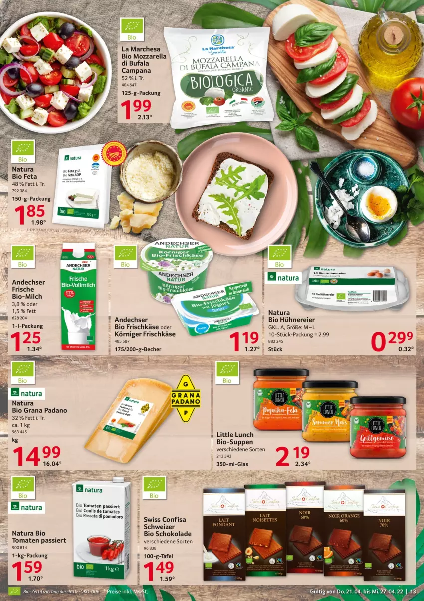 Aktueller Prospekt Selgros - Food - von 21.04 bis 27.04.2022 - strona 13 - produkty: Becher, bio, eier, feta, frischkäse, grana, grana padano, hühner, Käse, Körniger Frischkäse, milch, mozzarella, natur, natura, orange, padano, Rana, rel, schoko, schokolade, suppe, suppen, tee, tomate, tomaten, Tomaten Passiert, vollmilch