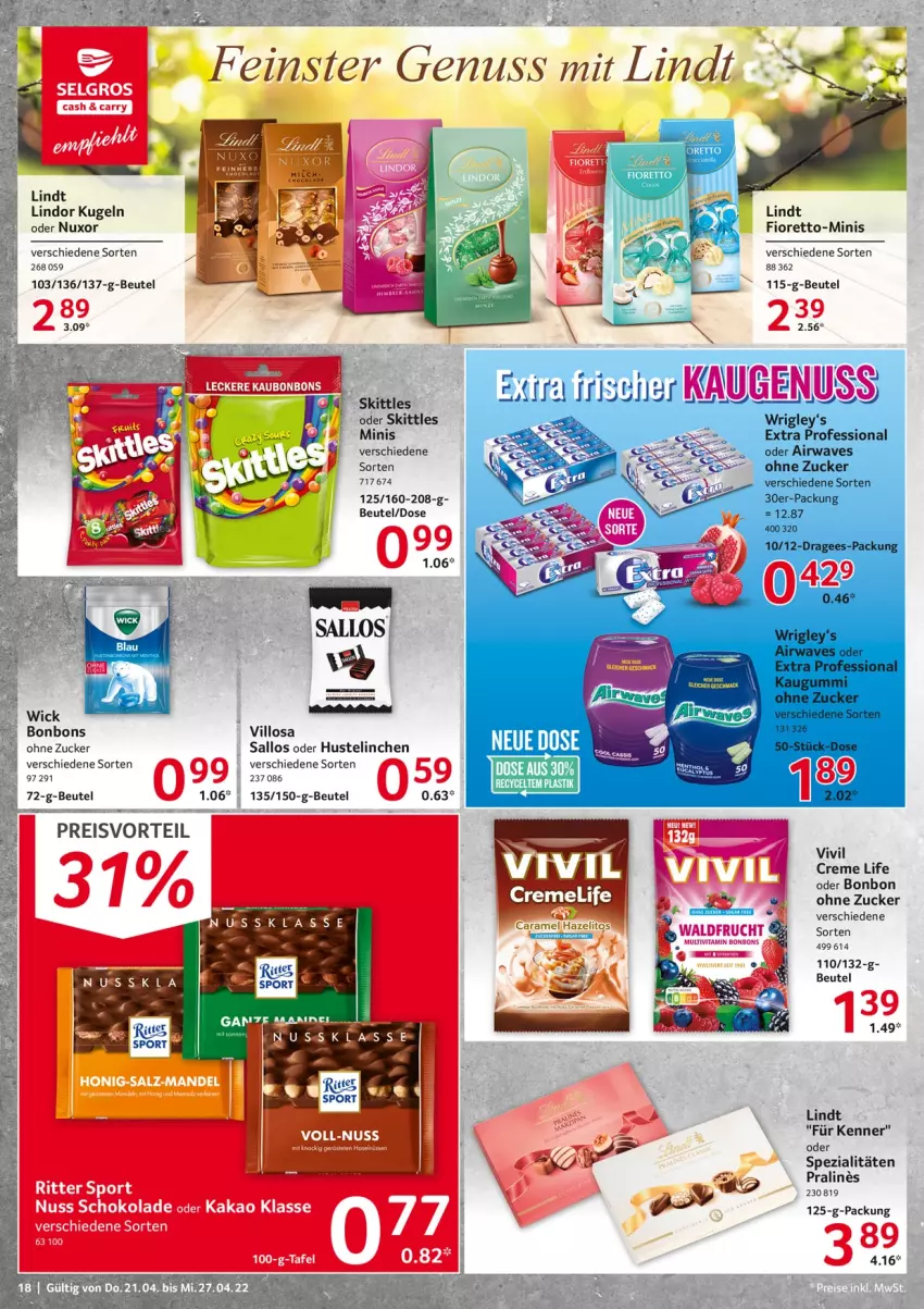 Aktueller Prospekt Selgros - Food - von 21.04 bis 27.04.2022 - strona 18 - produkty: beutel, bonbons, creme, eis, kakao, kaugummi, Kugel, LG, lindor, lindt, nuss, preisvorteil, reis, schoko, schokolade, skittles, Spezi, Ti, WICK, zucker