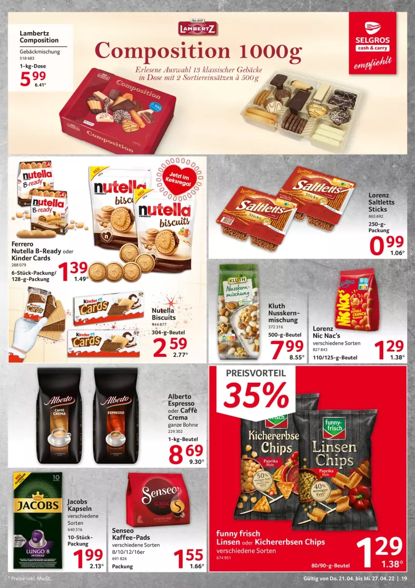 Aktueller Prospekt Selgros - Food - von 21.04 bis 27.04.2022 - strona 19 - produkty: Amber, beutel, bohne, caffe, eis, espresso, ferrero, jacobs, kaffee, kaffee-pads, Kinder, lambertz, lorenz, nuss, nutella, preisvorteil, reis, senseo, Ti, Tiere