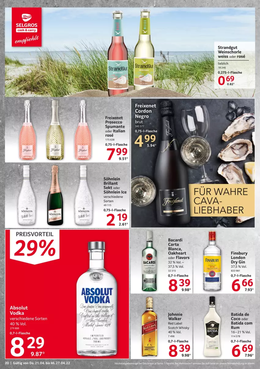 Aktueller Prospekt Selgros - Food - von 21.04 bis 27.04.2022 - strona 20 - produkty: bacardi, batida, Cava, dry gin, ecco, eis, ente, finsbury, flasche, freixenet, gin, johnnie walker, LG, oakheart, preisvorteil, prosecco, puma, reis, rum, schorle, scotch, scotch whisky, sekt, söhnlein, spumante, Ti, wein, weinschorle, whisky