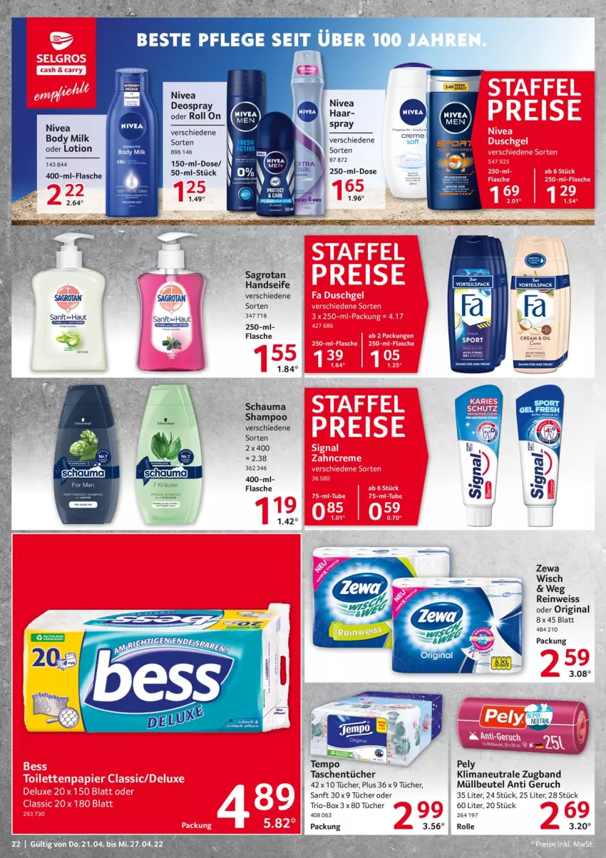 Aktueller Prospekt Selgros - Food - von 21.04 bis 27.04.2022 - strona 22 - produkty: beutel, body, body milk, deo, deospray, eis, flasche, gin, Handseife, Lotion, müllbeutel, nivea, pely, sagrotan, schauma, Seife, shampoo, Tasche, taschen, taschentücher, Tempo, Ti, tücher, zewa