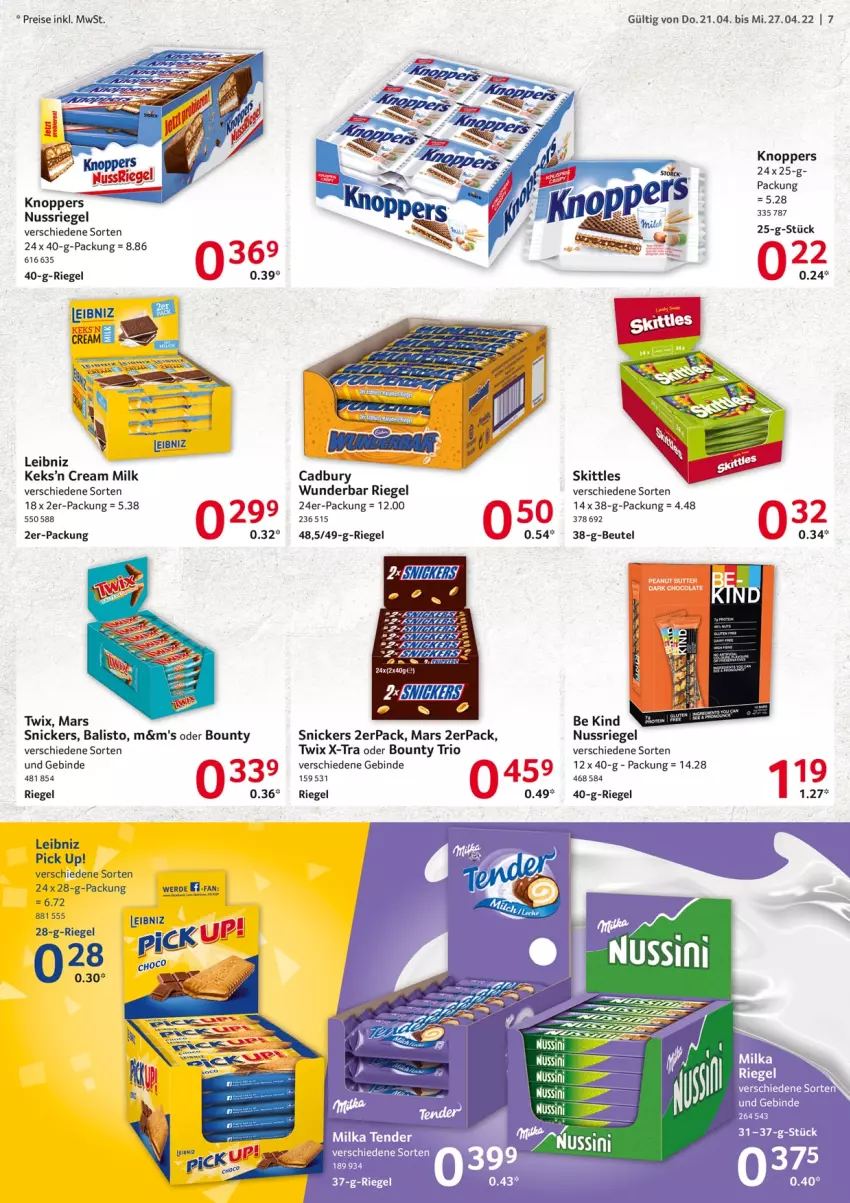 Aktueller Prospekt Selgros - Food - von 21.04 bis 27.04.2022 - strona 26 - produkty: balisto, beutel, bounty, eis, keks, knoppers, leibniz, mars, milka, nuss, nussriegel, Pick Up!, reis, riegel, skittles, snickers, tender, Ti, twix