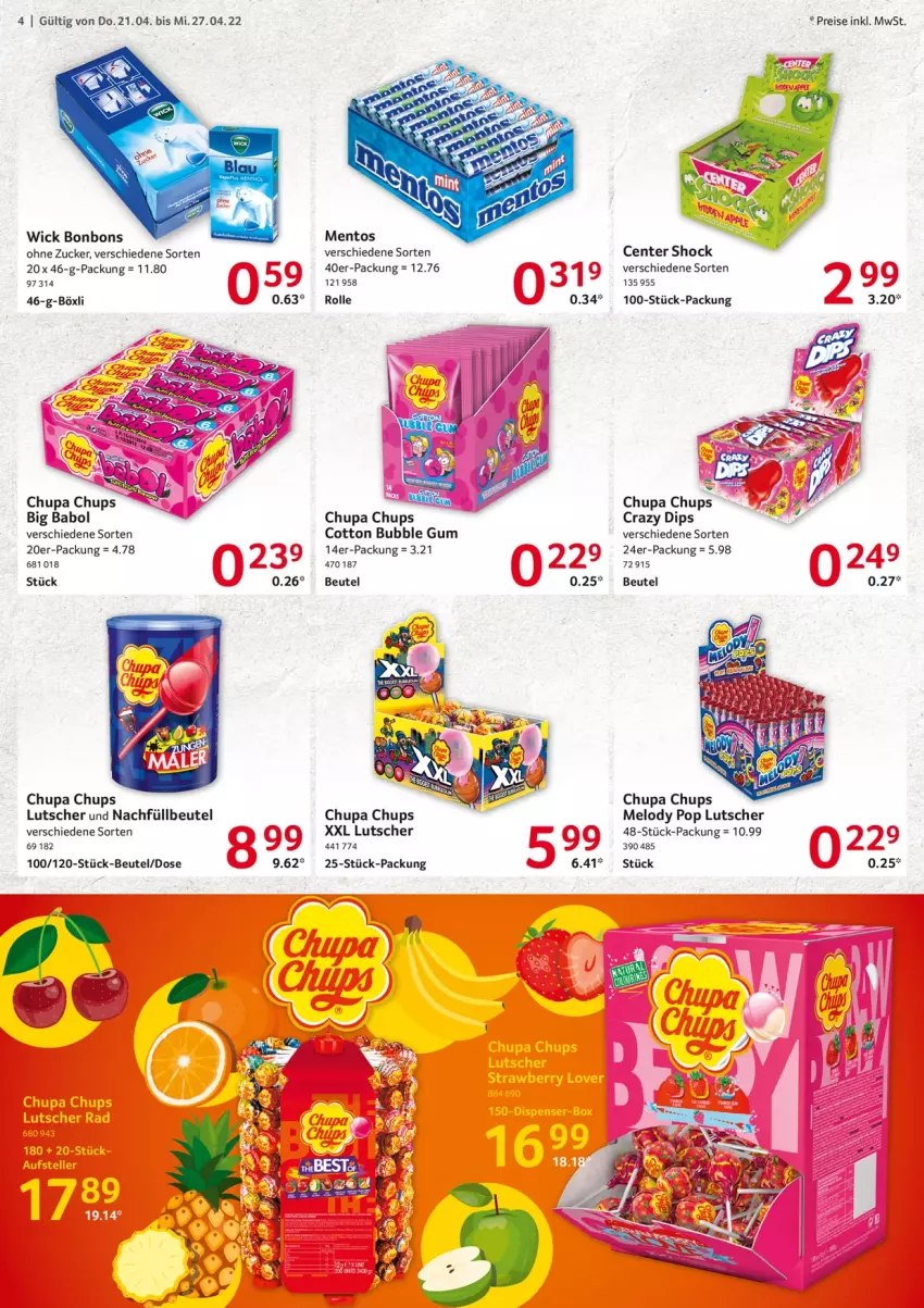 Aktueller Prospekt Selgros - Food - von 21.04 bis 27.04.2022 - strona 29 - produkty: beutel, bonbons, chupa, chupa chups, dip, eis, ente, Lutscher, mentos, reis, Ti, WICK, zucker