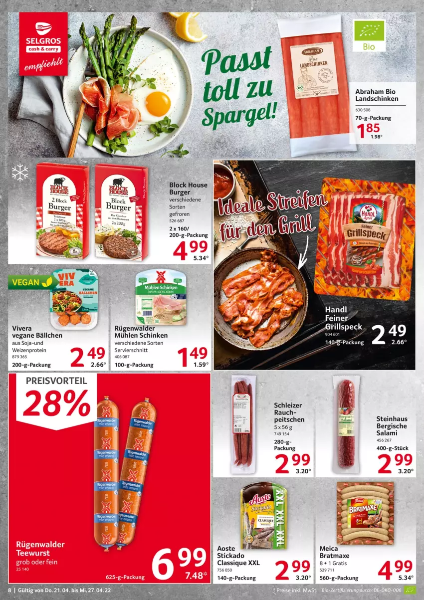 Aktueller Prospekt Selgros - Food - von 21.04 bis 27.04.2022 - strona 8 - produkty: axe, bio, bratmaxe, burger, eis, landschinken, meica, mühlen schinken, preisvorteil, Rauch, reis, rügenwalder, salami, schinken, soja, steinhaus, stickado, Ti