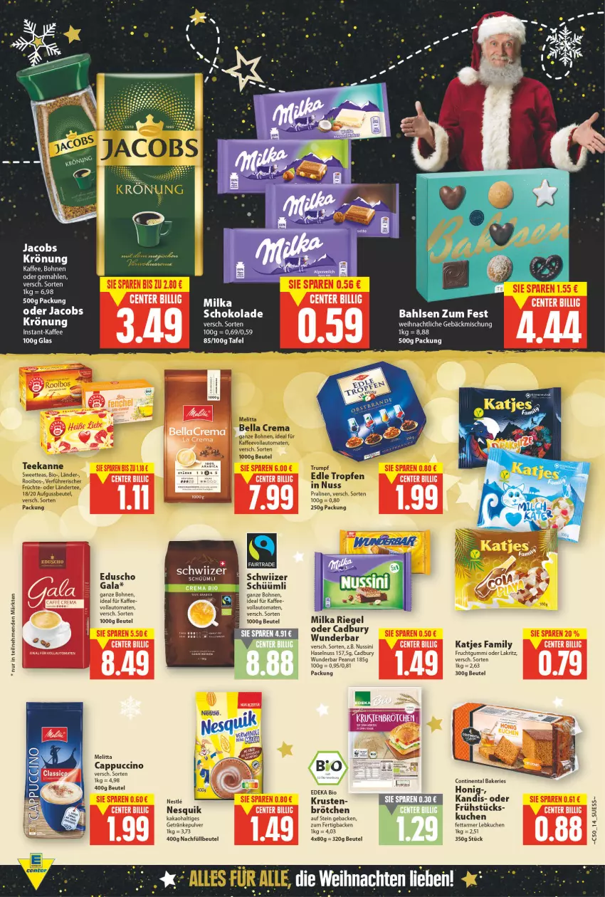 Aktueller Prospekt E Center - Angebote der Woche - von 13.12 bis 18.12.2021 - strona 13 - produkty: auto, bella crema, beutel, bio, bohne, bohnen, brötchen, Cap, cappuccino, cin, deka, edeka bio, eduscho, frucht, früchte, fruchtgummi, geback, getränk, getränke, getränkepulver, haselnuss, honig, kaffee, kaffeevollautomat, kaffeevollautomaten, kakao, katjes, kuchen, Lakritz, Ländertee, Lebkuchen, melitta, milka, nesquik, nuss, oder lakritz, pralinen, riegel, tee, teekanne, Ti, tomate, tomaten, tuc, vollautomaten