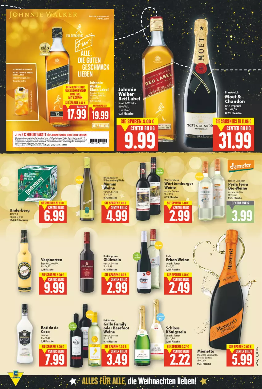 Aktueller Prospekt E Center - Angebote der Woche - von 13.12 bis 18.12.2021 - strona 15 - produkty: batida, Berger, bio, Bio-Wein, black label, Brei, brut, coupon, ecco, eier, eierlikör, flasche, gallo, gallo family, gin, Glühwein, johnnie walker, lack, likör, mionetto, moet, mumm, perla, prosecco, puma, Ria, rotkäppchen, scotch, scotch whisky, spumante, Ti, tuc, underberg, verpoorten, wein, weine, whisky