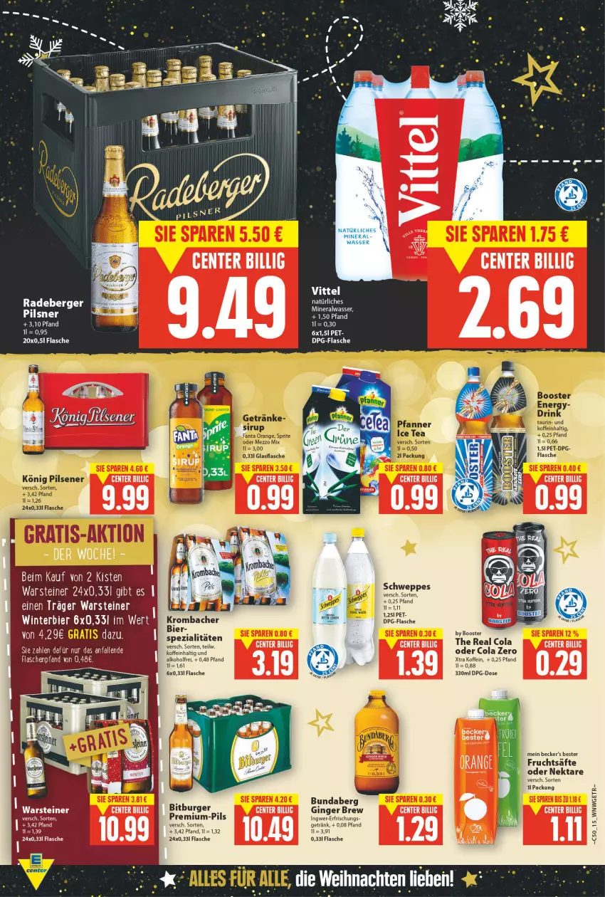 Aktueller Prospekt E Center - Angebote der Woche - von 13.12 bis 18.12.2021 - strona 16 - produkty: aeg, alkohol, Alwa, Berger, bier, bitburger, Bundaberg, burger, cola, flasche, frucht, fruchtsäfte, getränk, gin, ginger, ingwer, krombache, krombacher, mineralwasser, Nektar, pils, pilsner, radeberger, Rana, säfte, schweppes, Spezi, steiner, Ti, warsteiner, wasser, weihnachten