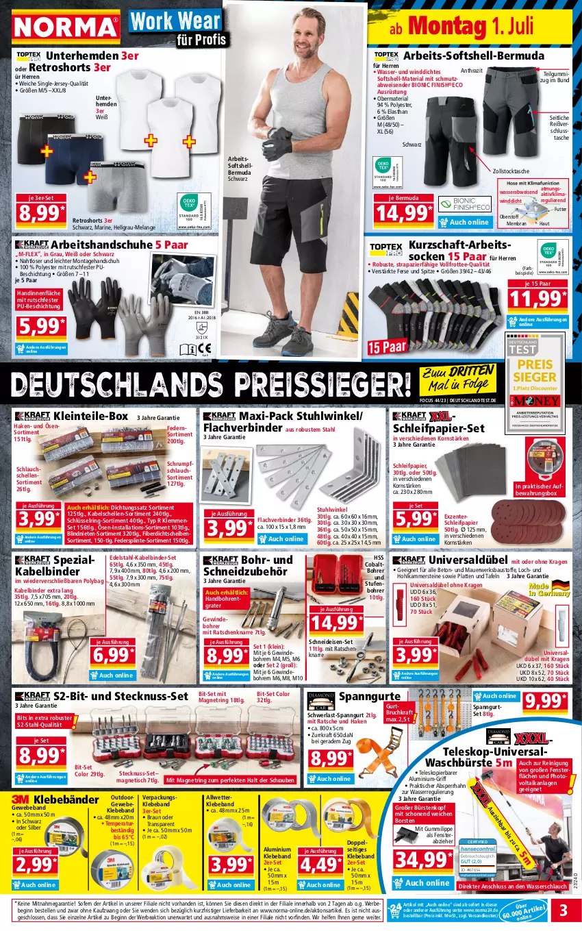 Aktueller Prospekt Norma - Norma - von 01.07 bis 08.07.2024 - strona 3 - produkty: Arbeitssocken, auer, aufbewahrungsbox, aust, Bau, Baustoffe, Beba, Bebe, bermuda, bio, braun, bürste, bürsten, edelstahl, eis, Elan, elle, ente, fenster, Finish, gin, gsw, handschuhe, hemd, hemden, korn, kraft, latte, LG, ndk, nuss, papier, Reinigung, reis, reiss, retroshorts, Ria, ring, rum, rwe, salz, schlauch, Schleifpapier, schrauben, schuhe, shorts, socken, Spezi, Spiele, stuhl, Tasche, tee, Teleskop, Ti, tisch, Unterhemd, unterhemden, wasser, Wasserschlauch