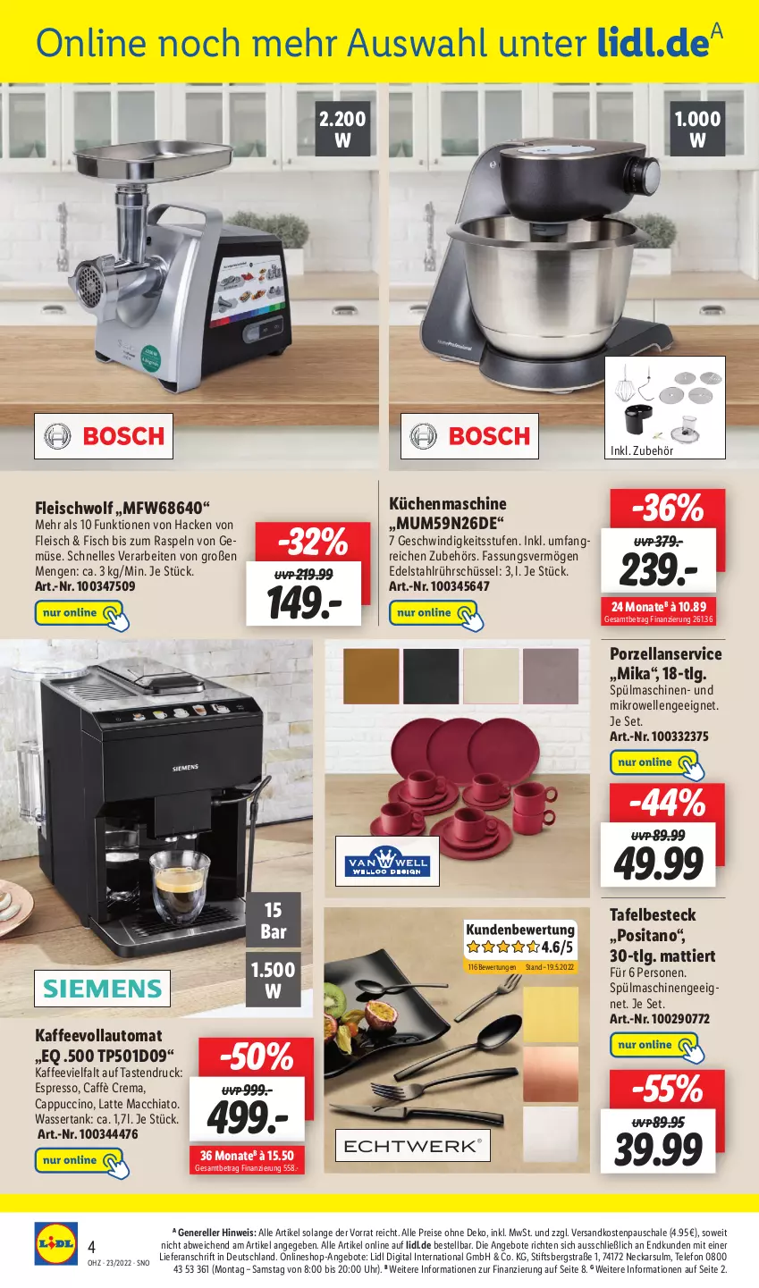 Aktueller Prospekt Lidl - Wochen-Highlights im Onlineshop - von 06.06 bis 12.06.2022 - strona 4 - produkty: ACC, angebot, angebote, auto, besteck, caffè crema, Cap, cappuccino, chia, cin, edelstahl, eis, elle, espresso, fisch, fleisch, kaffee, kaffeevollautomat, küche, Küchen, küchenmaschine, latte, latte macchiato, LG, mac, macchiato, mikrowelle, ndk, reis, rel, Rührschüssel, Schal, Schale, schüssel, spülmaschinen, telefon, Ti, uhr, wasser, wassertank