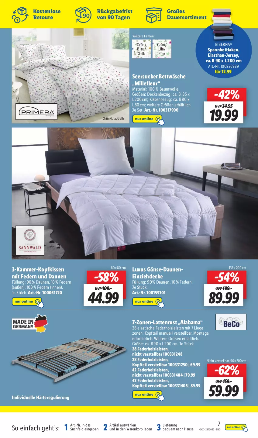 Aktueller Prospekt Lidl - Wochen-Highlights im Onlineshop - von 06.06 bis 12.06.2022 - strona 7 - produkty: asti, auer, Bau, baumwolle, bett, bettwäsche, decke, eis, elle, Holz, kissen, Kissenbezug, kopfkissen, korb, latte, lattenrost, Liege, Ria, seersucker, seersucker bettwäsche, spannbettlaken, Ti, tisch, wolle