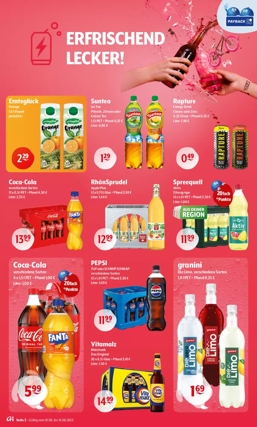 Aktueller Prospekt Getraenke Hoffmann - Prospekte - von 09.06 bis 14.06.2025 - strona 3 - produkty: 7UP, Apple, coca-cola, cola, drink, energy drink, gin, granini, granini die limo, grüner tee, ice tea, limo, malz, orange, pepsi, pfirsich, RhönSprudel, Schwip Schwap, Spreequell, Sprudel, tee, Ti, vita, vitamalz, zitrone