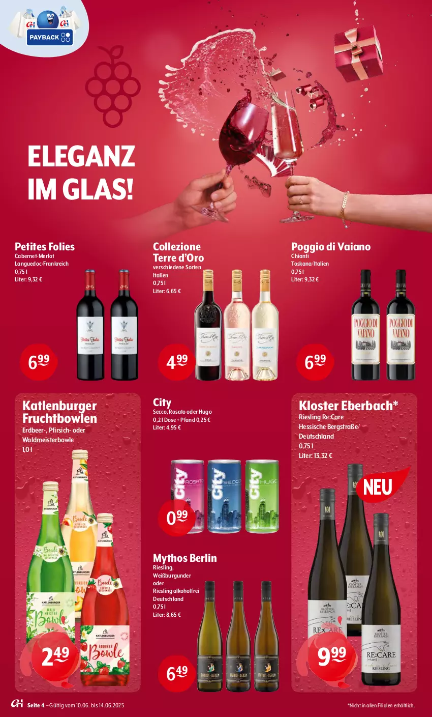 Aktueller Prospekt Getraenke Hoffmann - Prospekte - von 09.06 bis 14.06.2025 - strona 4 - produkty: alkohol, bowle, burger, burgunder, cabernet, chia, chianti, ecco, eis, frucht, hugo, katlenburger, Kloster Eberbach, Meister, merl, merlot, Mythos, pfirsich, riesling, rosato, Ti, waldmeister, Weißburgunder