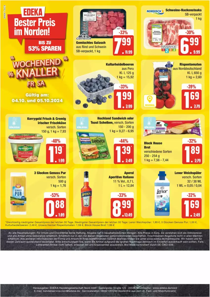 Aktueller Prospekt Edeka - Prospekte - von 30.09 bis 05.10.2024 - strona 20 - produkty: aperol, beere, beeren, brot, eis, frischkäse, heidelbeere, heidelbeeren, hochland, Käse, kerrygold, lenor, lenor weichspüler, nuss, reis, rind, rispentomaten, sandwich, schwein, Ti, toast, tomate, tomaten, weichspüler, wein, ZTE