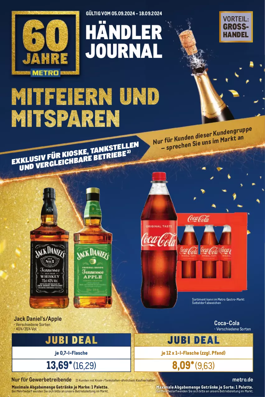 Aktueller Prospekt Metro - Händler Journal - von 05.09 bis 18.09.2024 - strona 1 - produkty: Apple, coca-cola, cola, elle, flasche, getränk, getränke, jack daniel, Metro, metro gastro, Palette, sattel, Ti