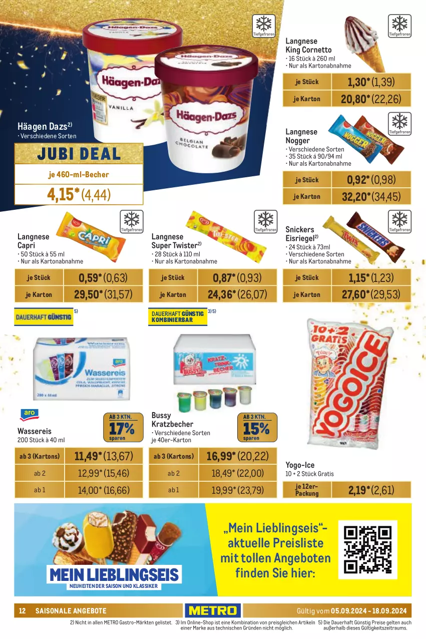 Aktueller Prospekt Metro - Händler Journal - von 05.09 bis 18.09.2024 - strona 12 - produkty: angebot, angebote, auer, Becher, Cap, cornetto, eis, Eisriegel, elle, langnese, Metro, metro gastro, neuheit, nogger, reis, riegel, snickers, Ti, wasser, wassereis, Yo