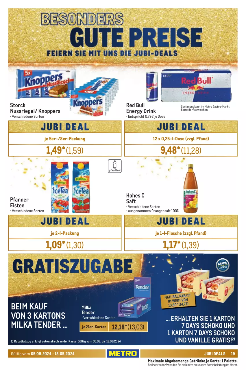 Aktueller Prospekt Metro - Händler Journal - von 05.09 bis 18.09.2024 - strona 19 - produkty: auto, drink, eis, eistee, energy drink, flasche, getränk, getränke, Hohes C, knoppers, LG, Metro, metro gastro, milka, natur, natura, nuss, nussriegel, orange, orangen, orangensaft, Palette, pfanne, Pfanner, red bull, riegel, saft, sattel, schoko, storck, tee, tender, Ti, tisch, vanille