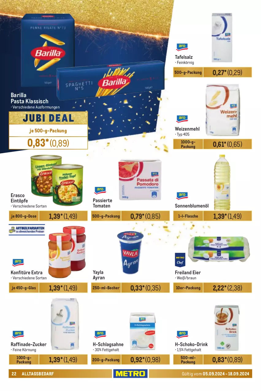 Aktueller Prospekt Metro - Händler Journal - von 05.09 bis 18.09.2024 - strona 22 - produkty: Ayran, barilla, Becher, blume, blumen, blumenöl, braun, drink, eier, eintöpfe, erasco, flasche, konfitüre, konfitüre extra, mehl, pasta, sahne, salz, schlagsahne, schoko, sonnenblume, sonnenblumen, sonnenblumenöl, Ti, tomate, tomaten, weizenmehl, zucker