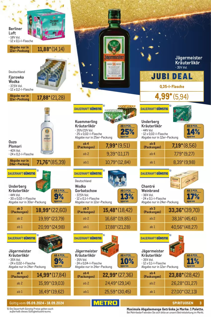 Aktueller Prospekt Metro - Händler Journal - von 05.09 bis 18.09.2024 - strona 3 - produkty: auer, berliner, berliner luft, chantré, eis, flasche, Germ, getränk, getränke, Gorbatschow, jägermeister, kräuter, kräuterlikör, kuemmerling, likör, Meister, merl, ouzo, Palette, reis, spirituosen, Ti, underberg, wein, weinbrand, wodka