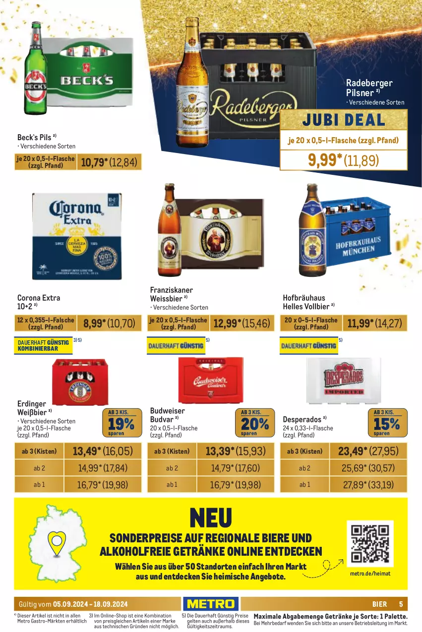 Aktueller Prospekt Metro - Händler Journal - von 05.09 bis 18.09.2024 - strona 5 - produkty: alkohol, alkoholfreie getränke, angebot, angebote, auer, Berger, bier, Biere, budweiser, corona, corona extra, decke, desperados, eis, elle, erdinger, flasche, franziskaner, getränk, getränke, Metro, metro gastro, Palette, pils, pilsner, radeberger, radeberger pilsner, reis, Ti, weissbier