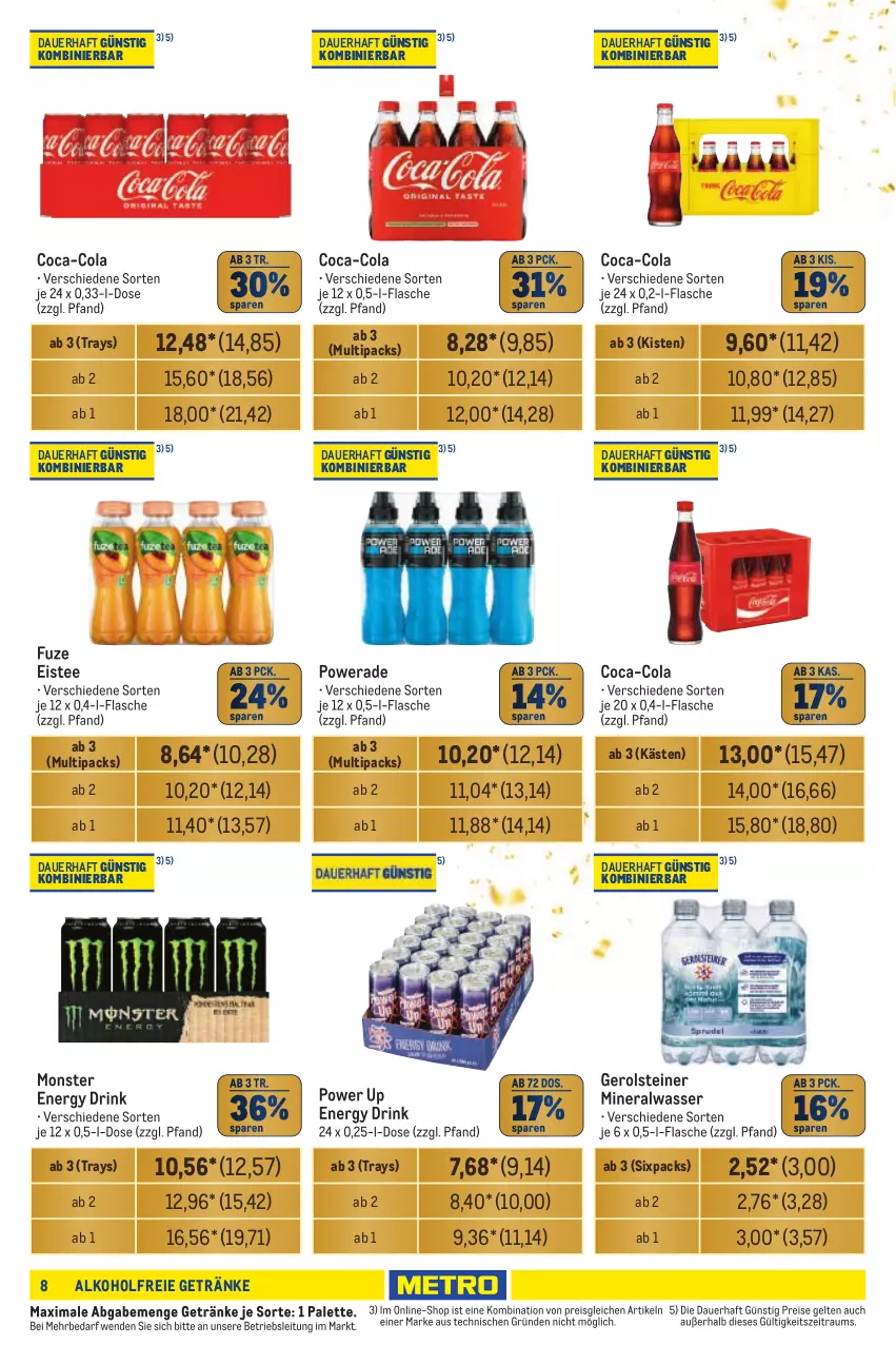 Aktueller Prospekt Metro - Händler Journal - von 05.09 bis 18.09.2024 - strona 8 - produkty: alkohol, alkoholfreie getränke, Alwa, auer, coca-cola, cola, drink, eis, eistee, energy drink, flasche, gerolsteine, gerolsteiner, getränk, getränke, mineralwasser, monster, Monster Energy, Palette, reis, steiner, tee, Ti, wasser