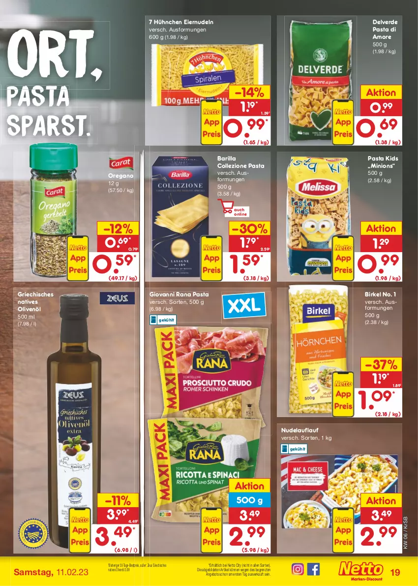 Aktueller Prospekt Netto Marken-Discount - Filial-Angebote - von 06.02 bis 11.02.2023 - strona 19 - produkty: angebot, barilla, bestpreis, birkel, eier, eiernudeln, eis, erde, giovanni rana, natives olivenöl, nudel, nudeln, olive, oliven, olivenöl, pasta, Rana, reis, Ti, ZTE