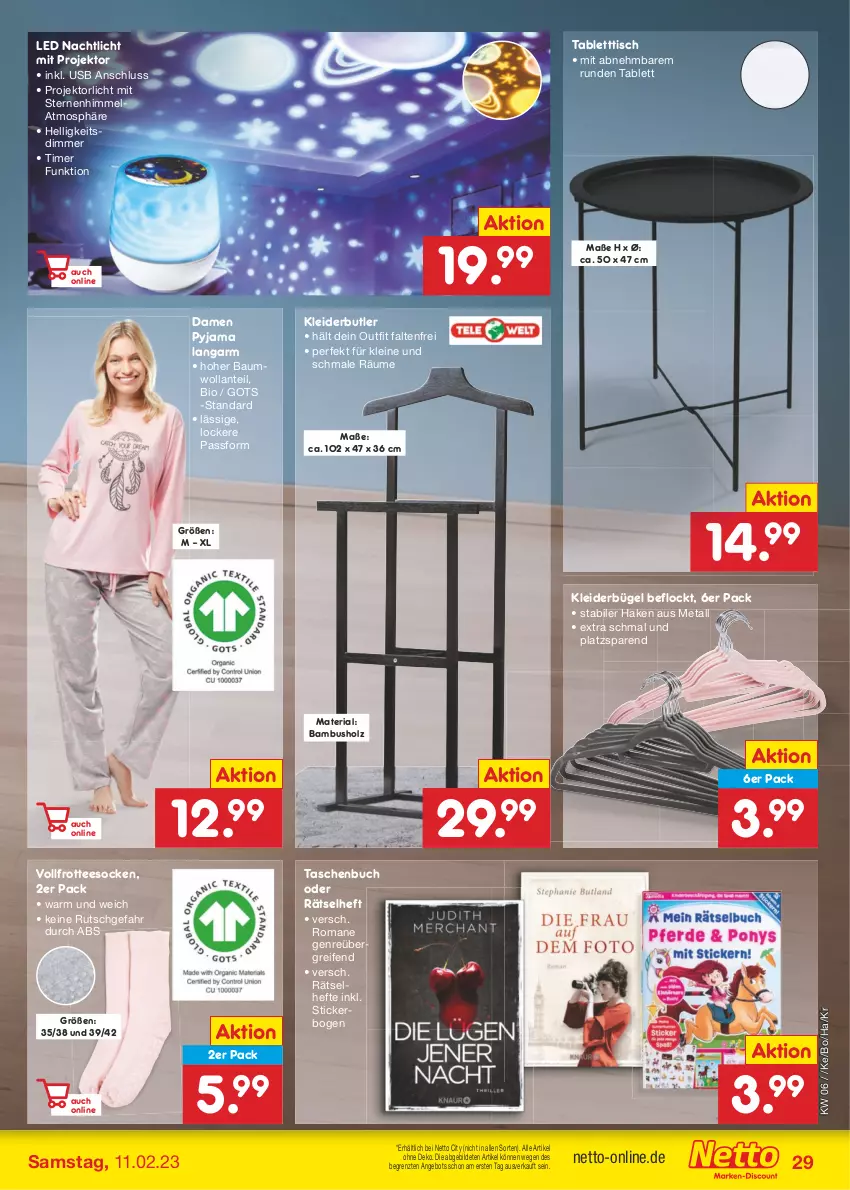 Aktueller Prospekt Netto Marken-Discount - Filial-Angebote - von 06.02 bis 11.02.2023 - strona 29 - produkty: angebot, bambus, Bau, bio, buch, bügel, dimmer, Hefte, Holz, kleid, kleider, kleiderbügel, leine, Nachtlicht, Projektor, Pyjama, reifen, Ria, socken, tablet, tablett, Tasche, taschen, Taschenbuch, tee, Ti, timer, tisch, usb, ZTE