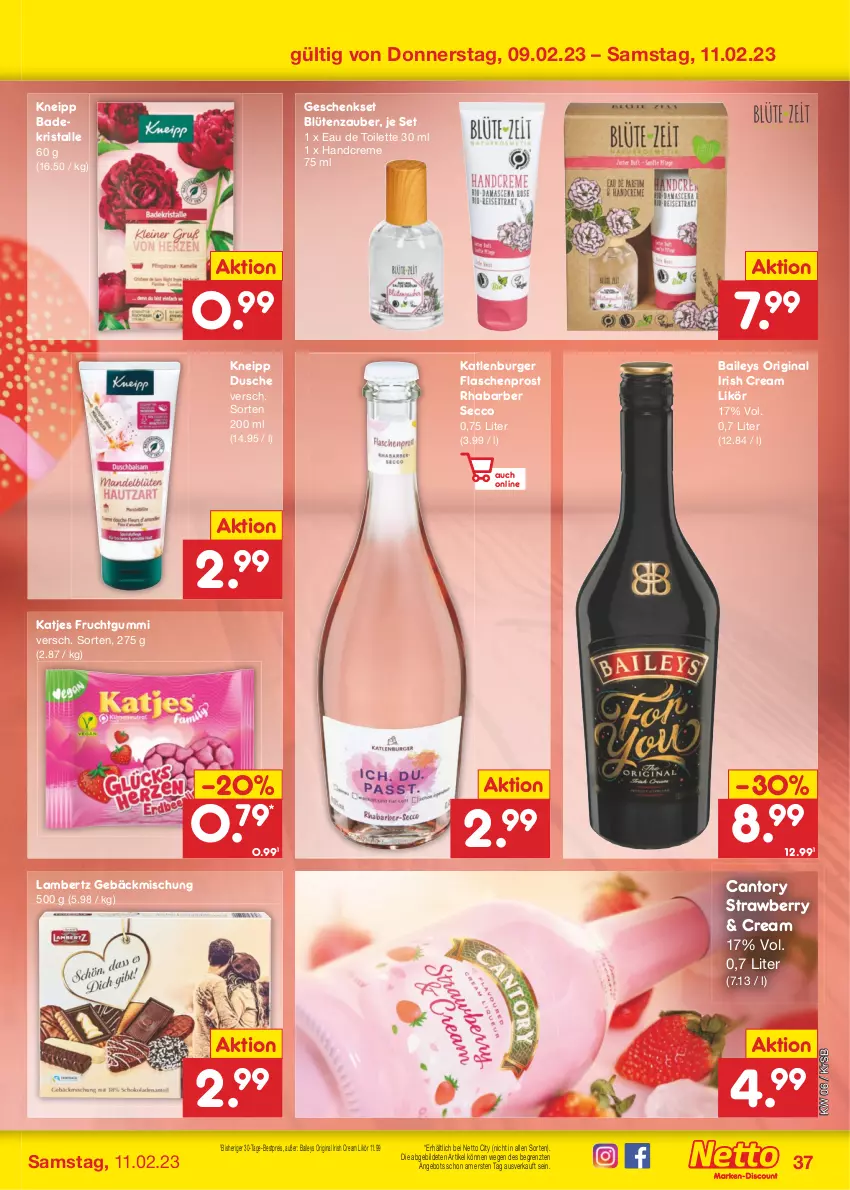 Aktueller Prospekt Netto Marken-Discount - Filial-Angebote - von 06.02 bis 11.02.2023 - strona 37 - produkty: Amber, angebot, Bad, Badekristalle, baileys, bestpreis, Blüte, burger, creme, dusche, eau de toilette, eau de toilette 30 ml, ecco, eis, flasche, frucht, fruchtgummi, gebäckmischung, geschenkset, gin, handcreme, irish cream, katjes, katlenburger, kneipp, lambertz, likör, reis, rhabarber, Ti, ZTE