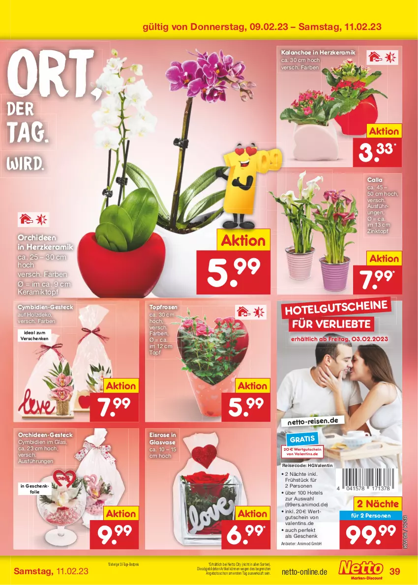 Aktueller Prospekt Netto Marken-Discount - Filial-Angebote - von 06.02 bis 11.02.2023 - strona 39 - produkty: angebot, bestpreis, eis, gutschein, Holz, Kalanchoe, LG, orchidee, orchideen, reis, rosen, Ti, topf, Vase, ZTE