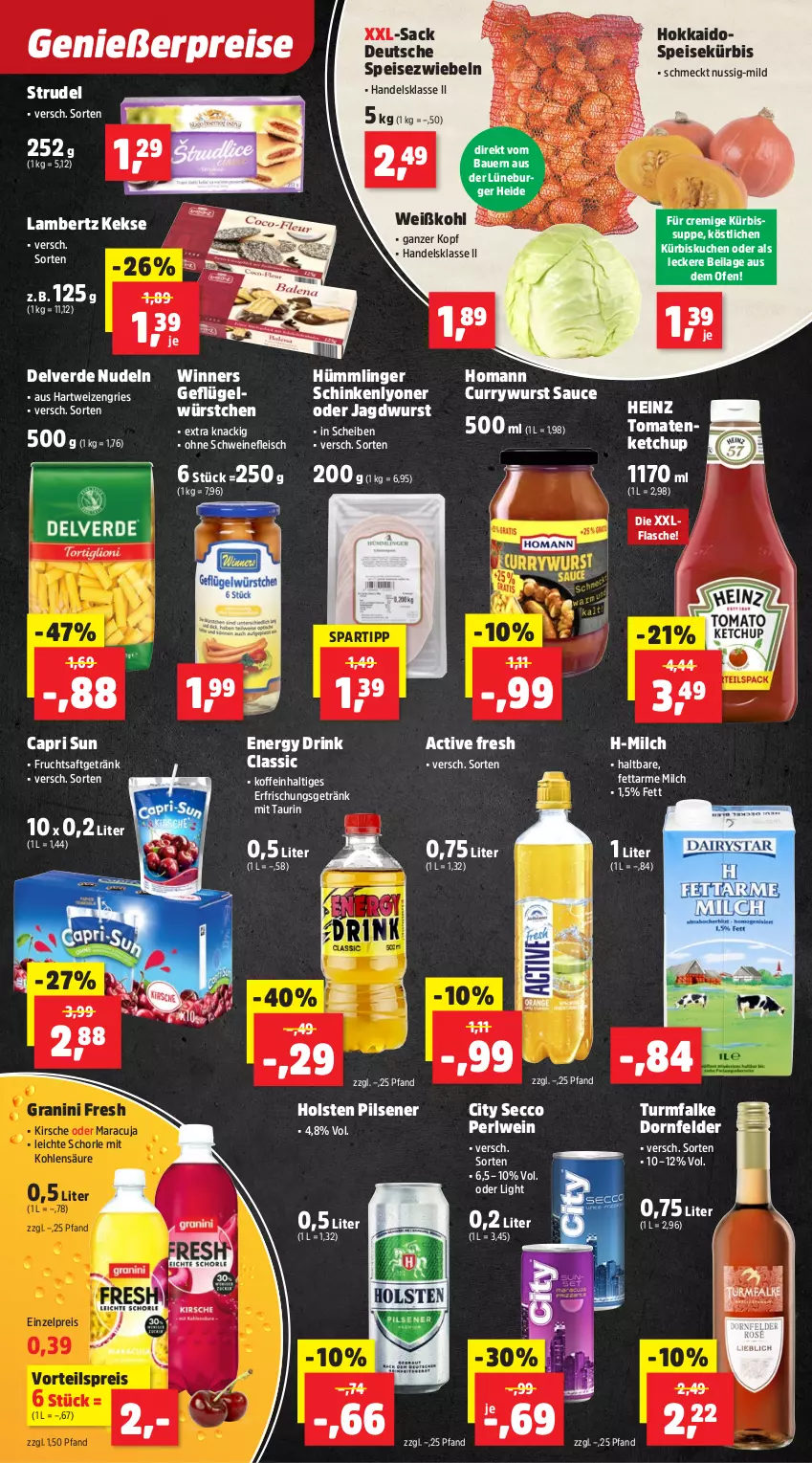 Aktueller Prospekt Thomas Philipps - von 22.09 bis 27.09.2025 - strona 15 - produkty: Amber, auer, Bau, Bauer, burger, Cap, curry, currywurst, dornfelder, drink, ecco, eis, energy drink, erde, flasche, fleisch, frucht, fruchtsaft, fruchtsaftgetränk, Geflügel, getränk, granini, heinz, holsten, holsten pilsener, homann, ilag, jagdwurst, keks, kekse, ketchup, kirsch, kirsche, kuchen, Kürbis, lambertz, lyoner, maracuja, milch, nudel, nudeln, nuss, Ofen, pils, pilsener, reis, sac, saft, sauce, schinken, schorle, schwein, schweine, spartipp, Speisezwiebeln, Strudel, suppe, Ti, tomate, tomaten, vorteilspreis, wein, weine, Weißkohl, wurst, würstchen, Yo, zwiebel, zwiebeln